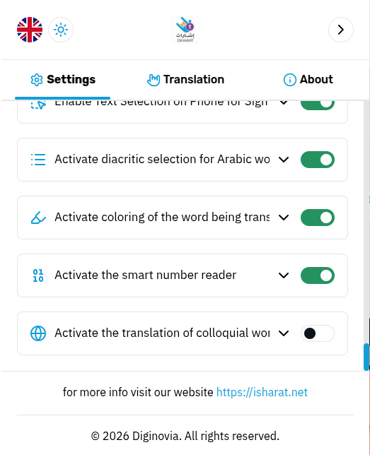 Isharat's real translation settings screen, showing toggles for Arabic grammar signals, diacritic selection, and colloquial-word translation — the colloquial toggle currently off