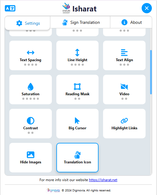 Isharat's translate tooltip appearing next to selected page text, with a real human interpreter sign-language video playing